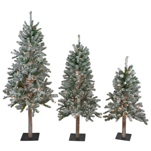 Set of 3 Pre-Lit Slim Flocked Alpine Artificial Christmas Trees 5' - Clear Lights