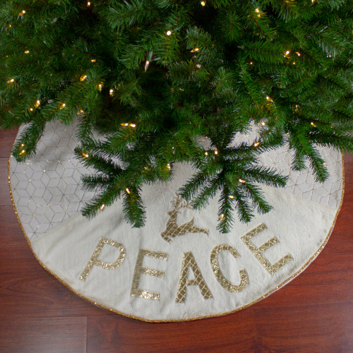 48" Cream and Gold Peace and Reindeer Christmas Tree Skirt