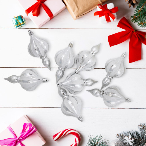 8ct Silver Shatterproof Finial Christmas Ornaments, 4.75"