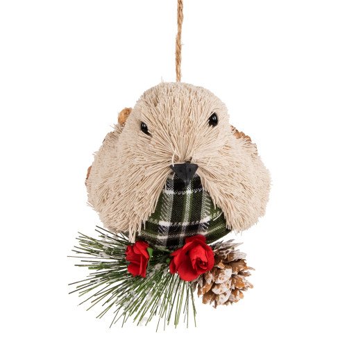 Front Facing Bird on Frosted Pine Needle Christmas Ornament - 6.75"