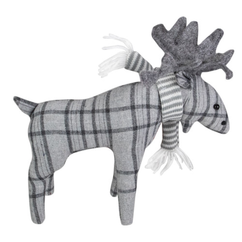 Checkered Moose with Striped Scarf Christmas Figure - 10" - Gray
