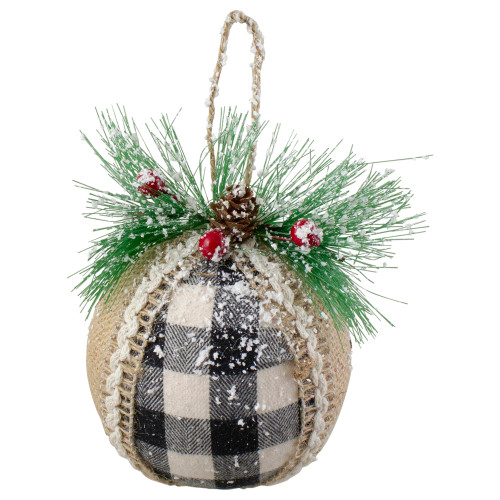 Set of 4 Black and White Plaid with Burlap Christmas Ball Ornaments 6" (152mm)