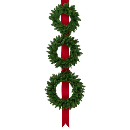Set of 3 Wreaths on Red Ribbon Hanging Christmas Decoration, 6.5'