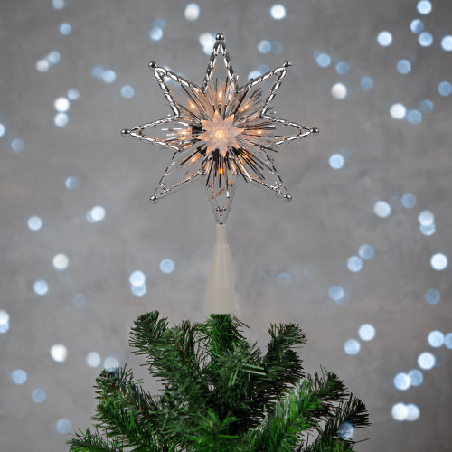 8" Lighted Silver Tinsel Star Christmas Tree Topper - Clear Lights, White Wire