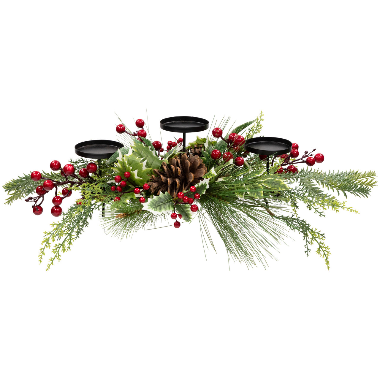 Holly and Berries Christmas Pillar Candle Holder with Pine Cones - 28"