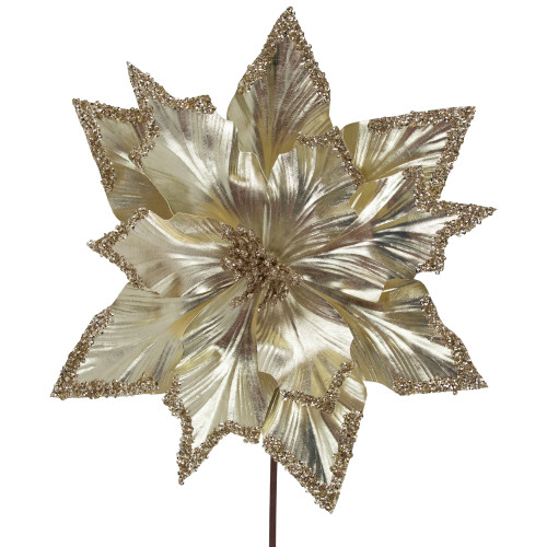 24" Metallic Champagne Gold Glittered Poinsettia Christmas Stem Spray