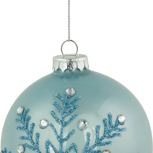 Set of 2 Light Blue Glittered and Jeweled Snowflake Glass Christmas Ball Ornaments 4"