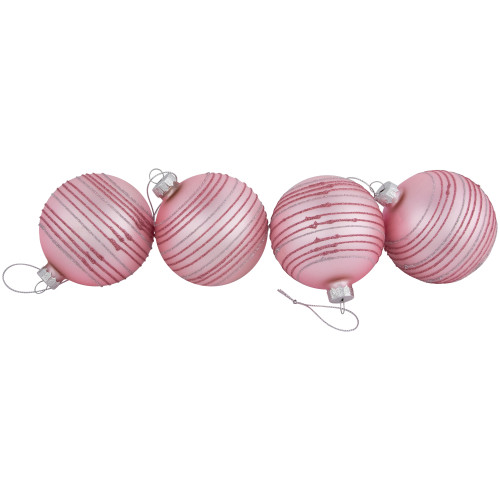 Set of 4 Pink Glitter Striped Glass Christmas Ball Ornaments 3" (80mm)