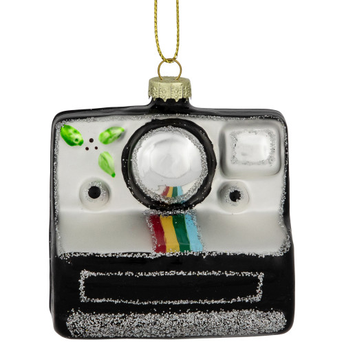 3" Black and Silver Retro Instant Camera Glass Christmas Ornament
