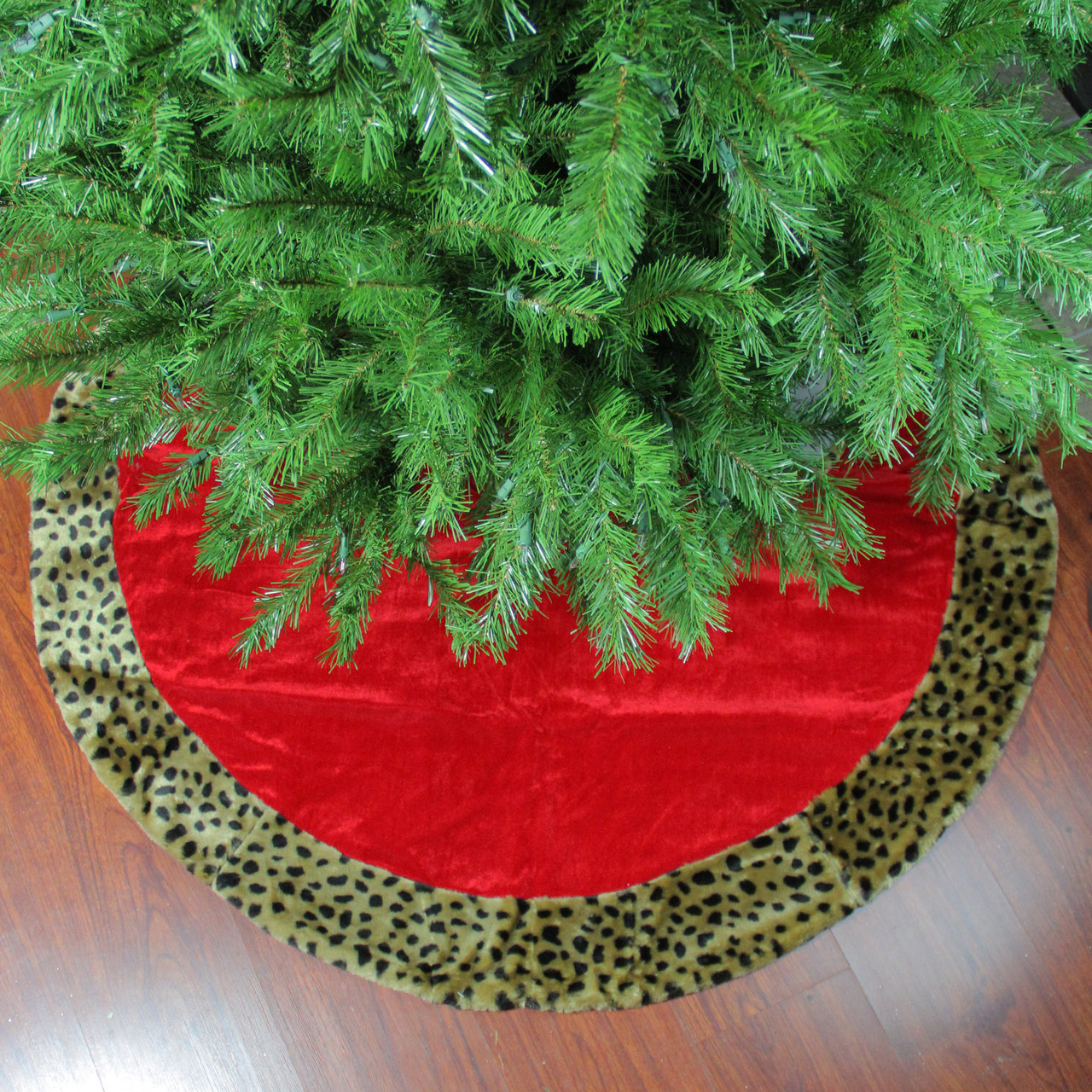 48" Red Velveteen with Cheetah Print Border Christmas Tree Skirt