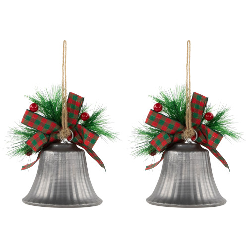 Bells with Pine Sprigs and Plaid Bow Christmas Ornaments - 7" - Silver - Set of 2