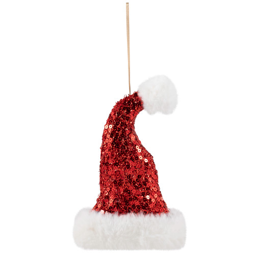 Sequined Santa Hat with Plush Trim Christmas Ornament - 8.5" - Red