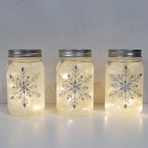 Battery Operated Silver Snowflake Glass Mason Jars - Set of 3