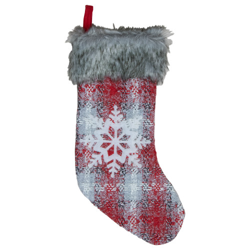18-Inch Red and White Plaid Faux Fur Christmas Stocking with Snowflake