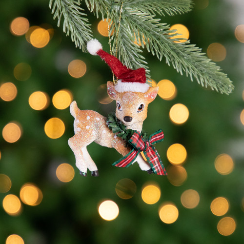 3" Fawn Reindeer Wearing Santa Hat and Plaid Bow Christmas Ornament