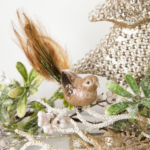 8" Gold Glitter Embellished Clip On Bird With Feathers Christmas Ornament