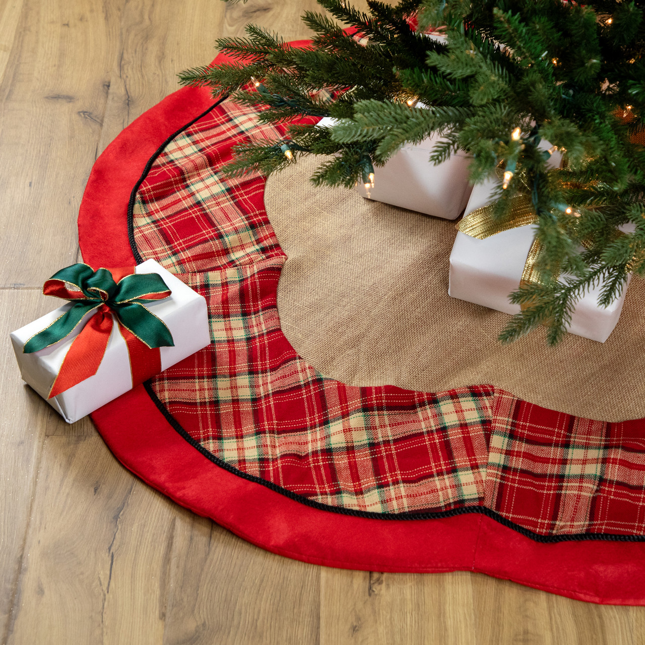 48" Burlap and Red Plaid Christmas Tree Skirt