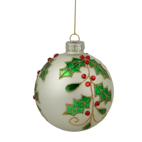 4.5" White Glass Christmas Ball Ornament with Holly Leaves