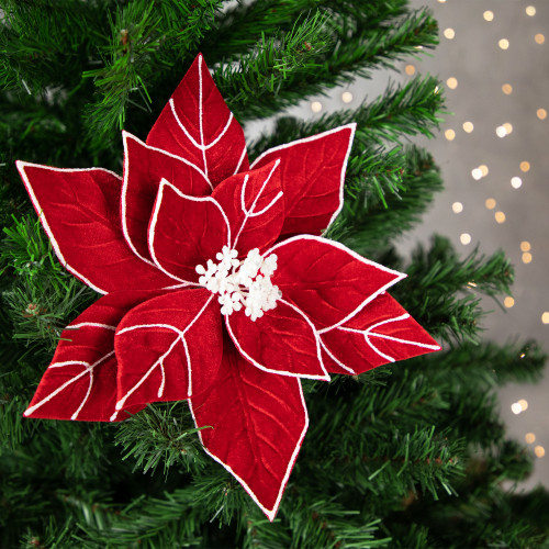 20" Red and White Velvet Glittered Poinsettia Christmas Stem Spray