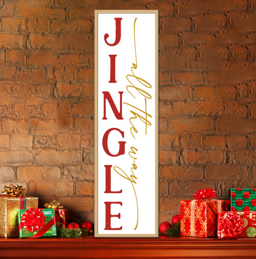Jingle All The Way Tall 12.5" x 43.5" Framed Christmas Wall Decor Art Print Sign Poster in a Natural Wooden Frame with UV Acrylic and Hangers