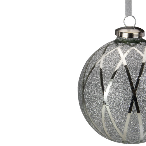 4" Silver Diamond with Glitter Glass Christmas Ball Ornament
