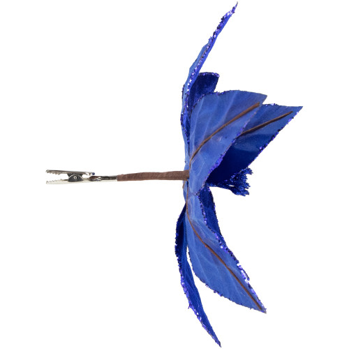 10" Royal Blue Glittered Poinsettia Christmas Floral Pick Clip-On Ornament