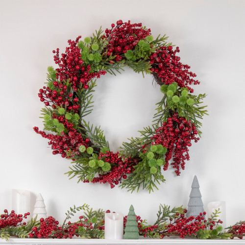 Red Berry and Frosted Pine Christmas Wreath, 28-Inch, Unlit
