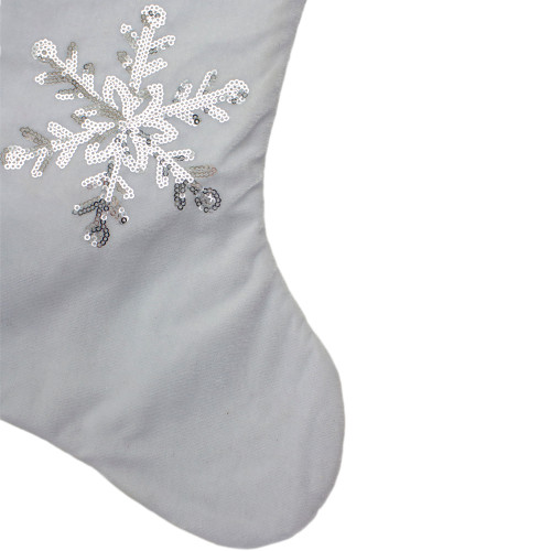 20" White Christmas Stocking with Silver Sequin Snowflake