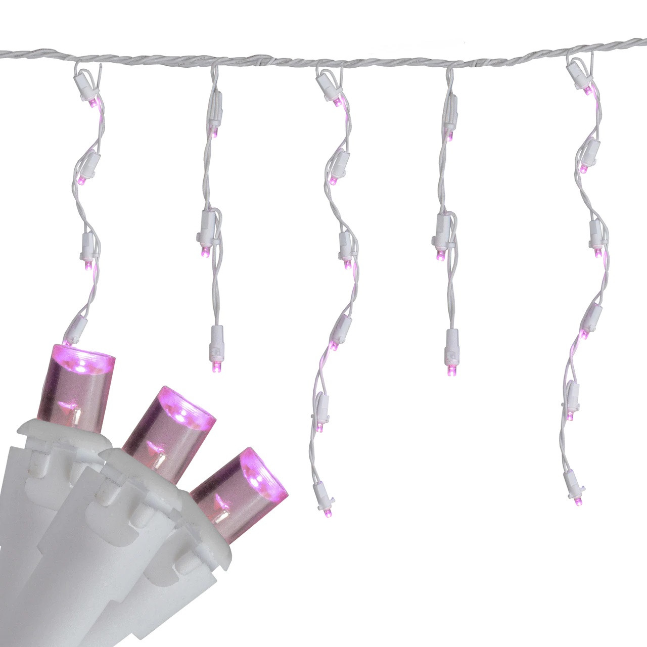 100 Count Pink LED Wide Angle Icicle Christmas Lights, 5.5 ft White Wire