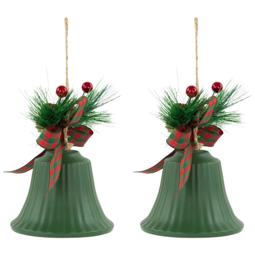 Christmas Bells with Pinecones and Plaid Bow Ornaments - 7" - Green - Set of 2