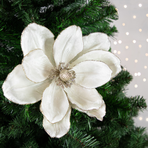 24" Cream Magnolia Glittered Christmas Stem Spray