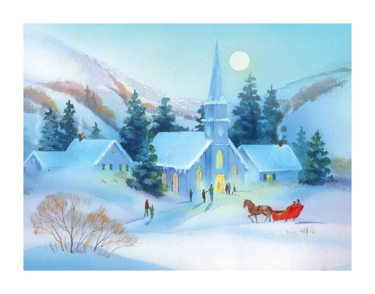 Moonlit Church Winter Scene Wall Decor Art Print