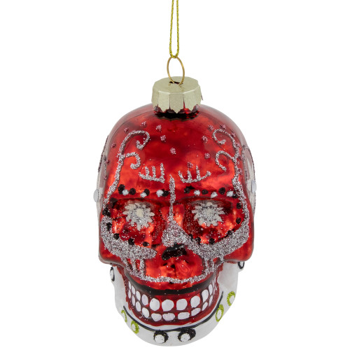 Day of the Dead Skull Head Glitter Glass Christmas Ornament - 3.5" - Red