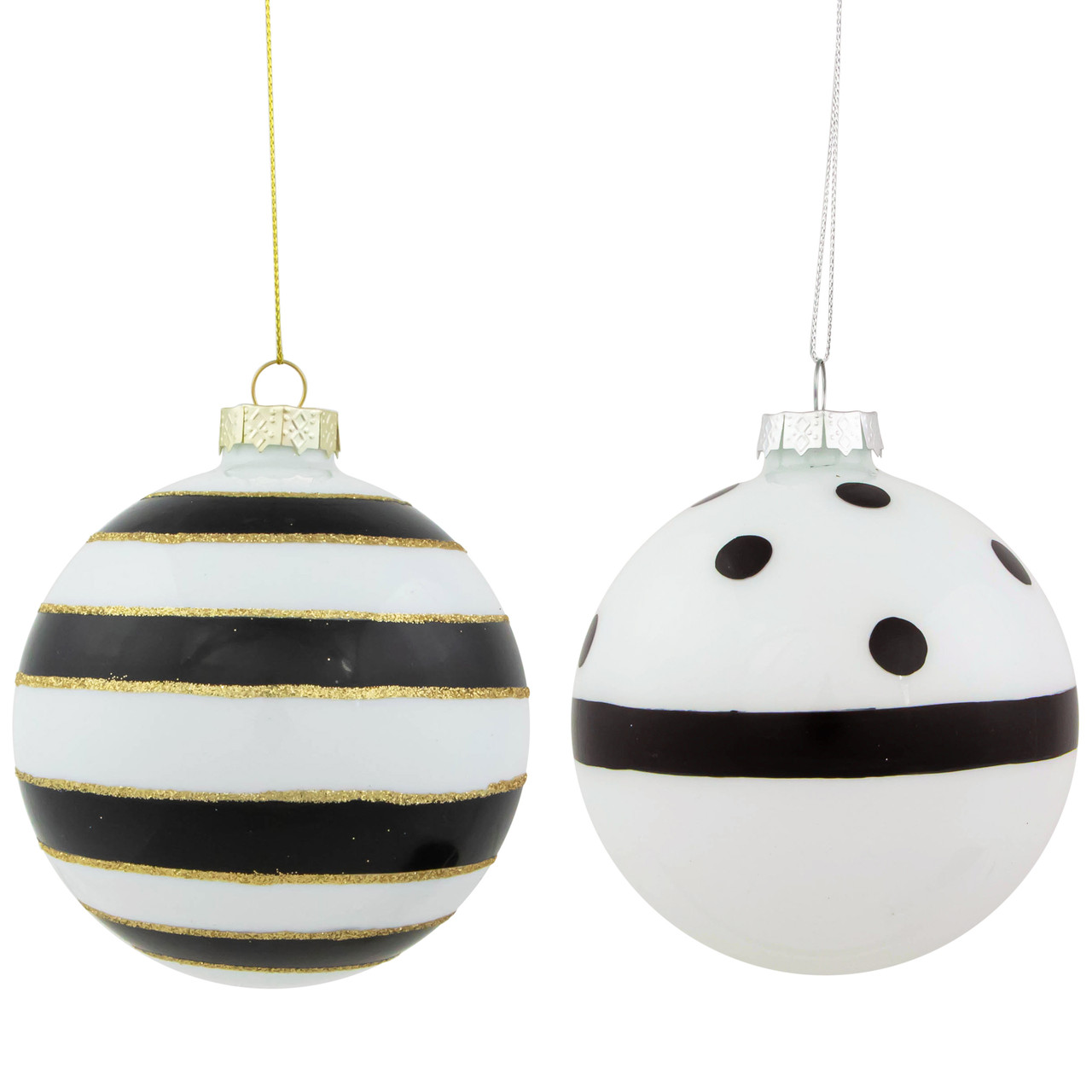 Set of 2 White and Black Striped Glass Christmas Ball Ornaments 4"