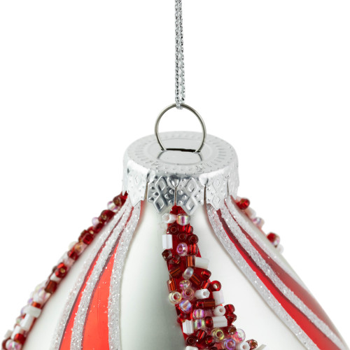 Set of 2 White and Red Glitter and Beads Striped Finial Glass Christmas Ornaments 5.5"