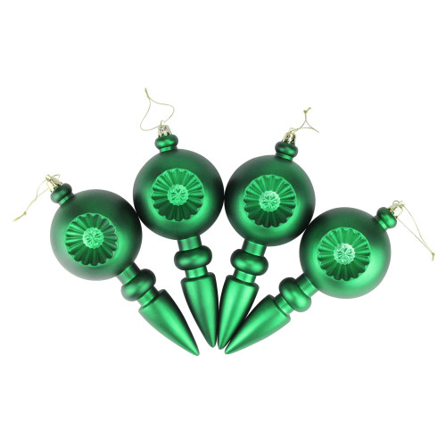4ct Green Retro Reflector Shatterproof Matte Christmas Finial Ornaments 7.5"