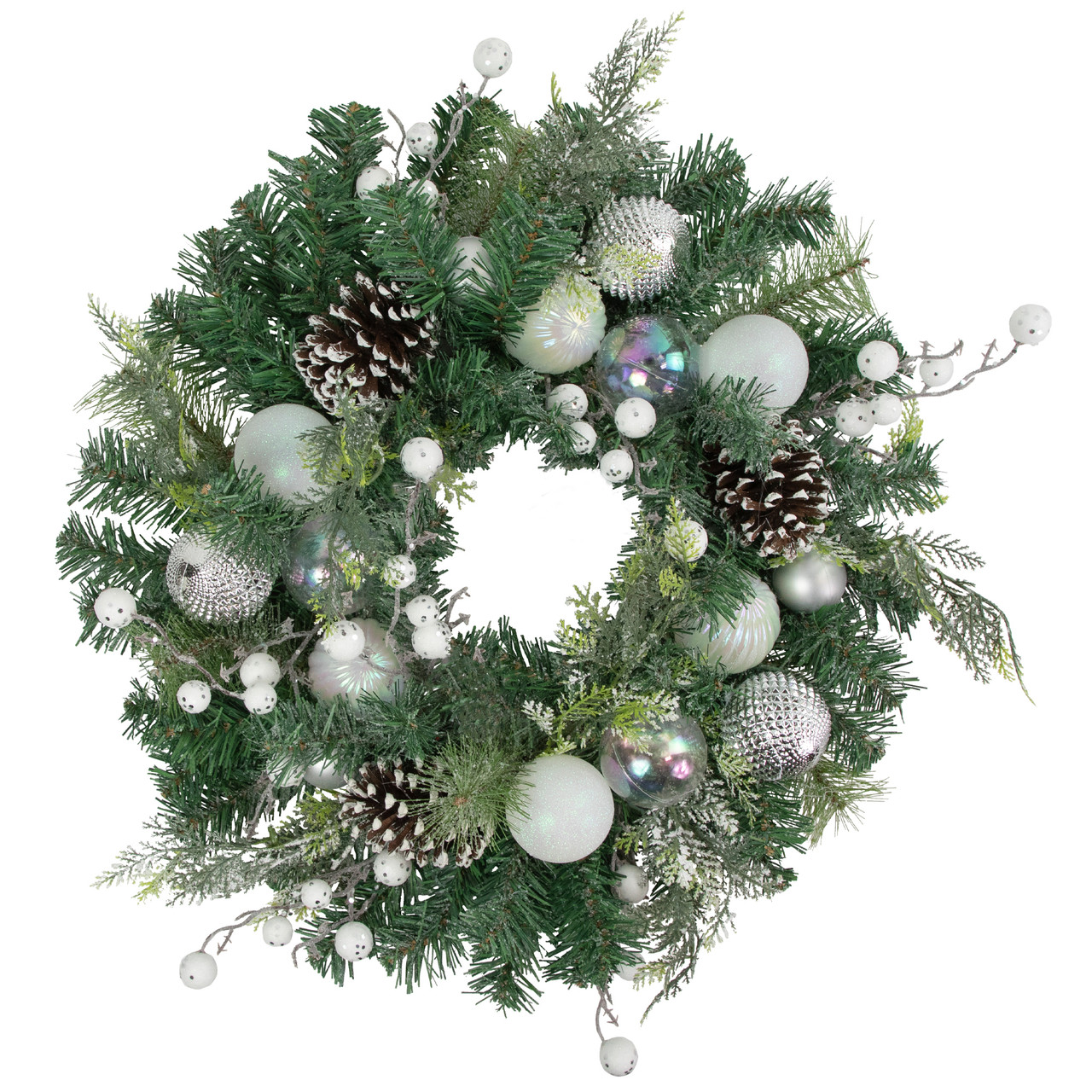 Green Pine Artificial Christmas Wreath with Berries and Iridescent Ornaments, 24-Inch