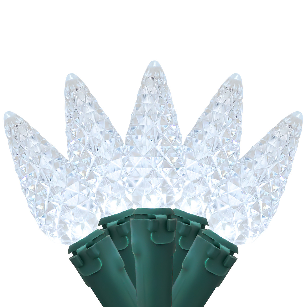 200-Count Pure White LED Faceted C6 Christmas Lights, 66.25 ft Green Wire