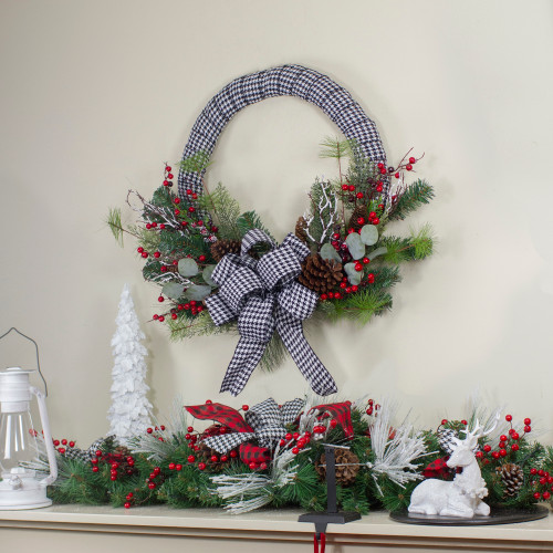 Black and White Houndstooth and Berry Artificial Christmas Wreath - 24-Inch, Unlit