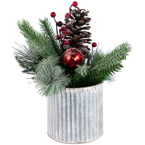 12" Frosted Pine, Berries and Pine Cones Floral Arrangement in Tin Pot