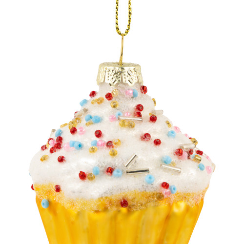 3" White and Golden Cupcake Glass Christmas Hanging Ornament