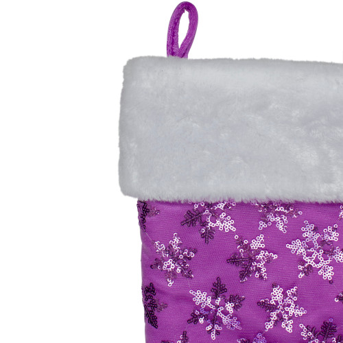 19" Purple Sequin Snowflake Christmas Stocking with White Faux Fur Cuff