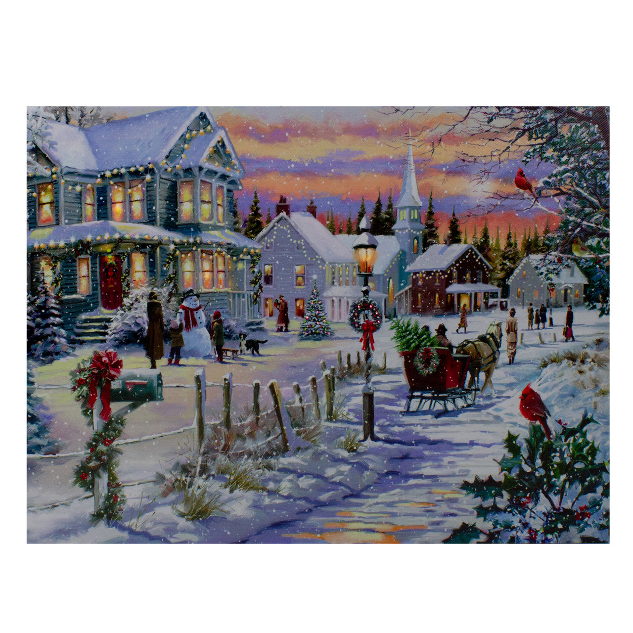 LED Lighted Fiber Optic Snowy Christmas Village Canvas Wall Art 11.75" x 15.75"