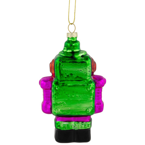 5" Green and Purple Robot Glass Christmas Ornament