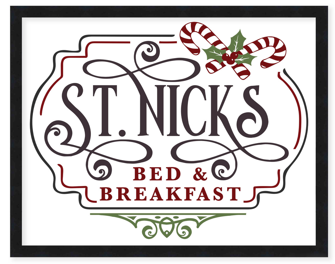 St Nick's Bed and Breakfast 15.5" x 19.5" Framed Christmas Wall Decor Art Print Sign Poster in a Black Wooden Frame with UV Acrylic and Hangers