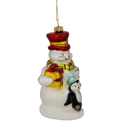 5.25" Snowman and Penguins Hanging Glass Christmas Ornament