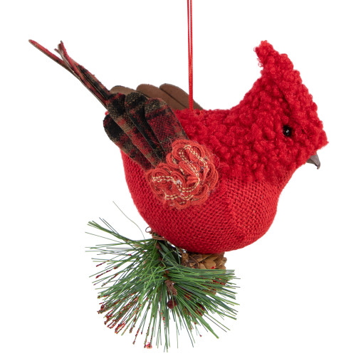 Burlap Cardinal with Pine Needles and Berries Christmas Ornament - 5.25" - Red