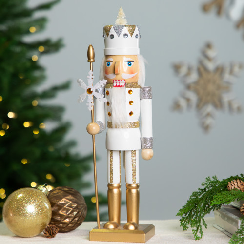 Glittered Nutcracker with Snowflake Scepter Christmas Figure - 15" - White