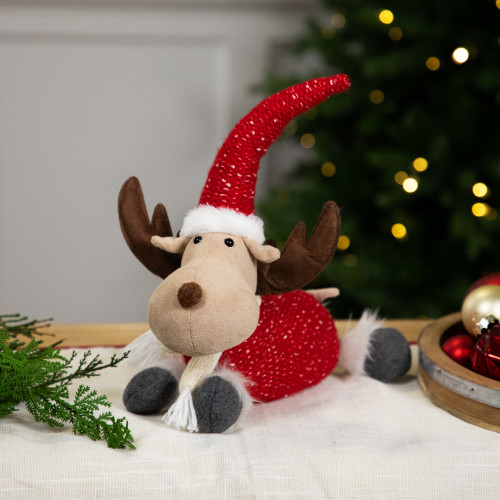 Laying Plush Moose Christmas Figure - 12" - Red and White