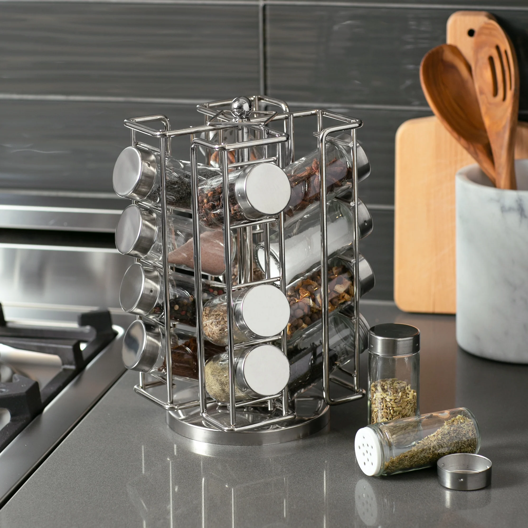 Revolving Spice Rack with 16 Jars + Labels